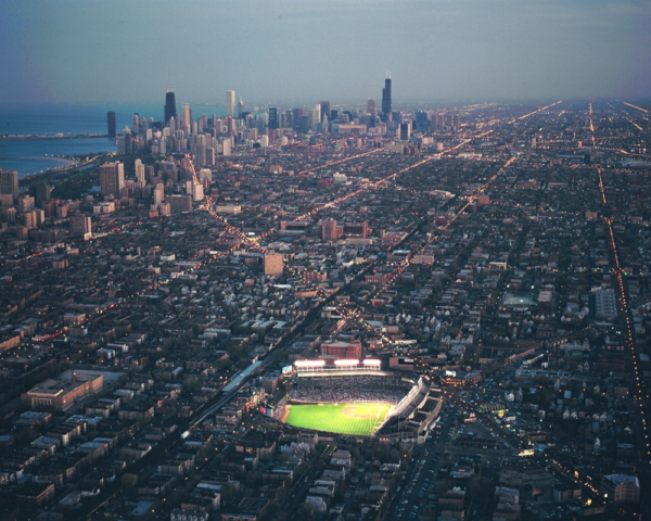 wrigley field aerial image at night